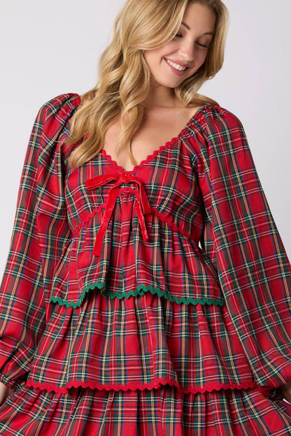 Christmas Plaid Long Sleeve Tiered Dress