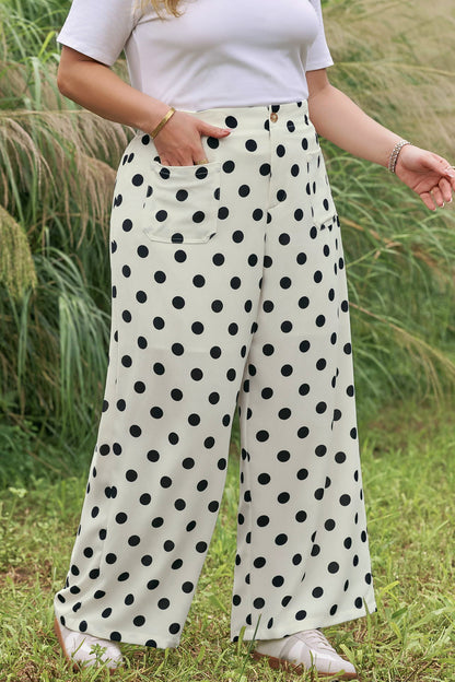 White Plus Size Polka Dot Print Patch Pocket Womens Shift Pants