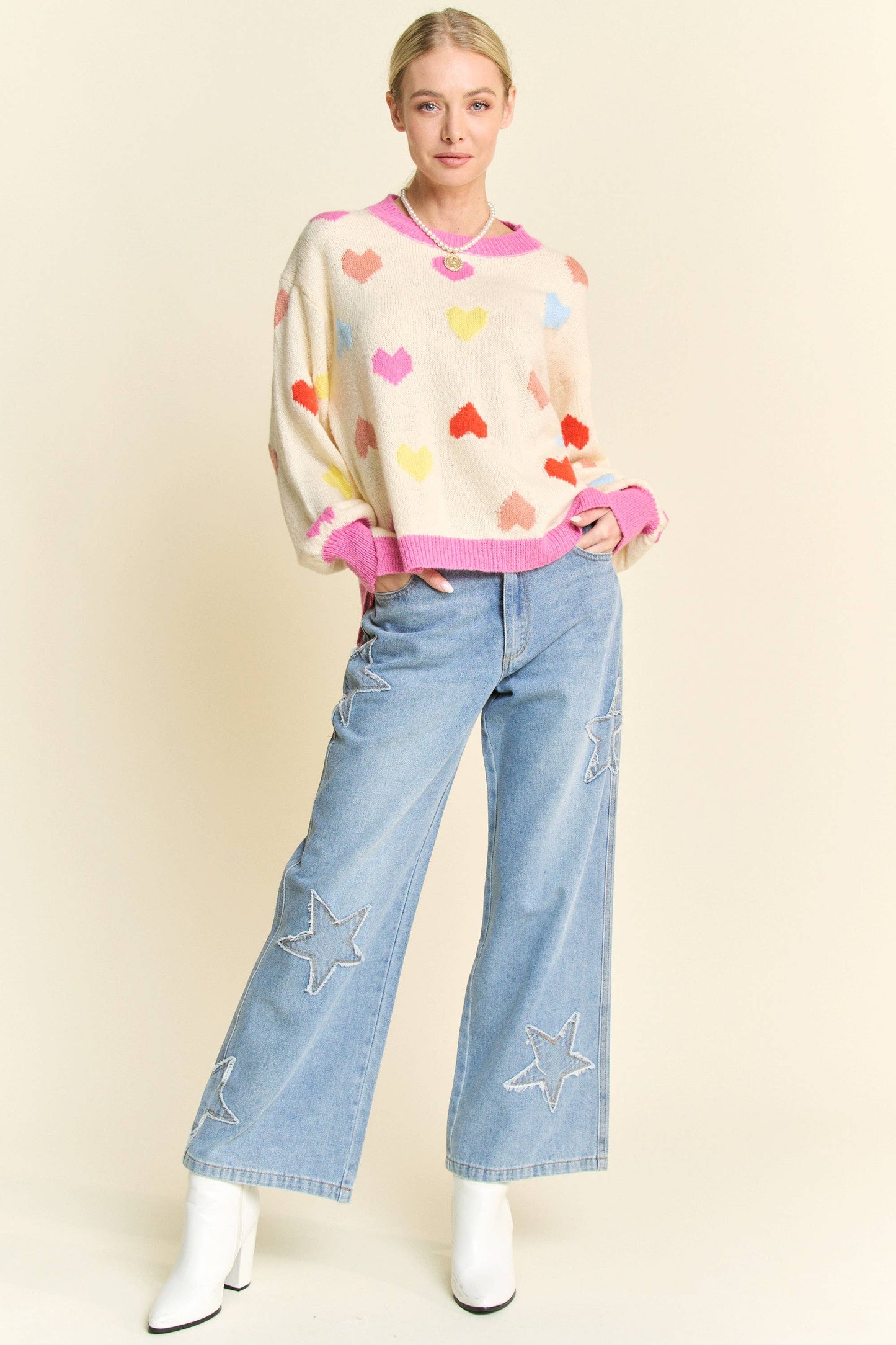 STAR PATCHWORK SIDE POCKET WIDE LEG DENIM PANTS