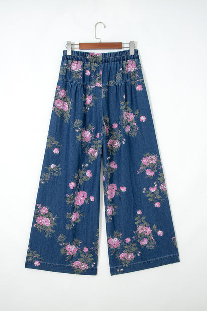 Blue Retro Floral Print Tie Elastic Waist Button Pintuck Wide Leg Jeans