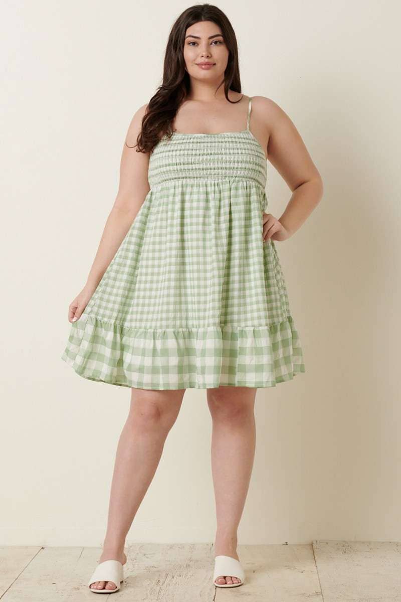 PLUS GINGHAM DECO SMOCK MINI DRESS