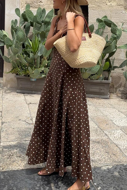Brown Polka Dot Print Square Neck Sleeveless Vacation Long Dress
