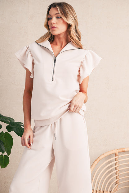 Black Textured Ruffle Sleeve Zipped Top and Wide Leg Pants Set