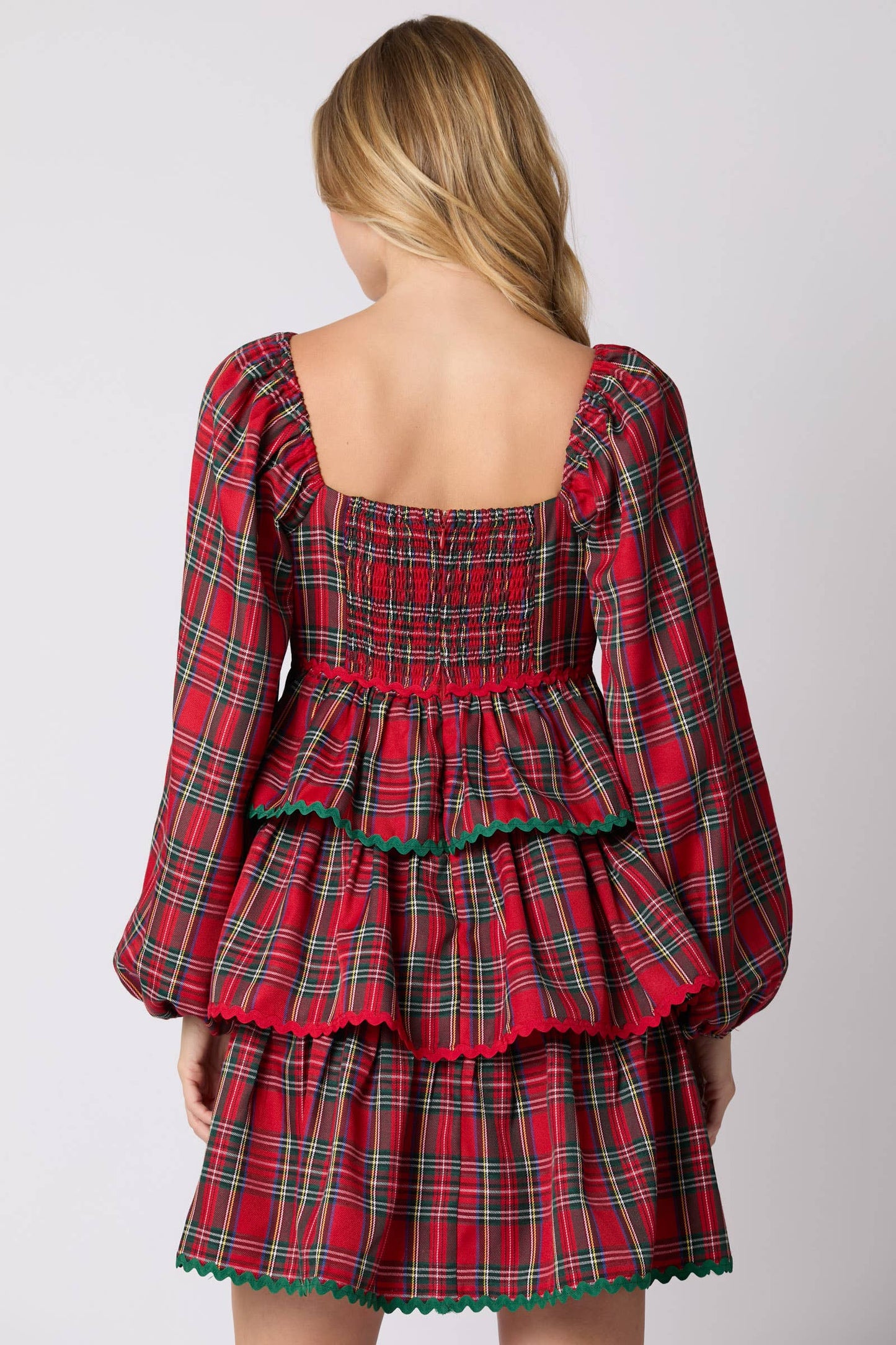 Christmas Plaid Long Sleeve Tiered Dress