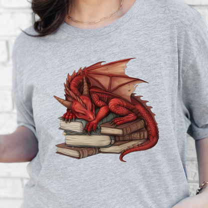 Wholesale Dragon Sleeping on Books Graphic Tee - Red Dragon on Grey