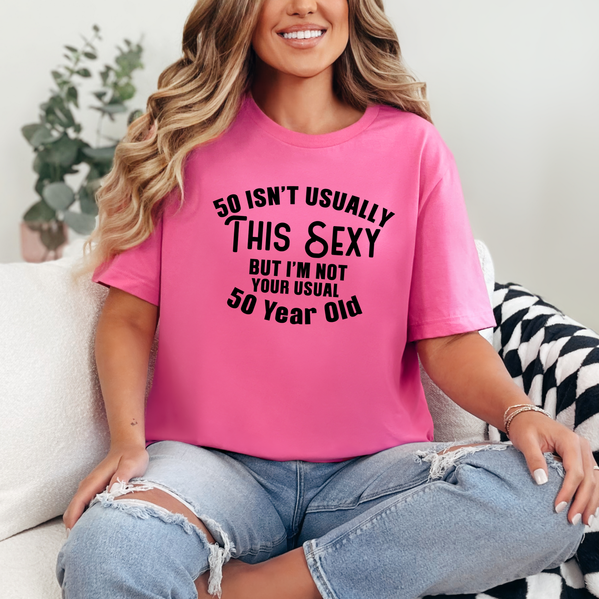 Wholesale Turning 50 Graphic Tee - 50 Isn't Usually This Sexy - Charity Pink Tee