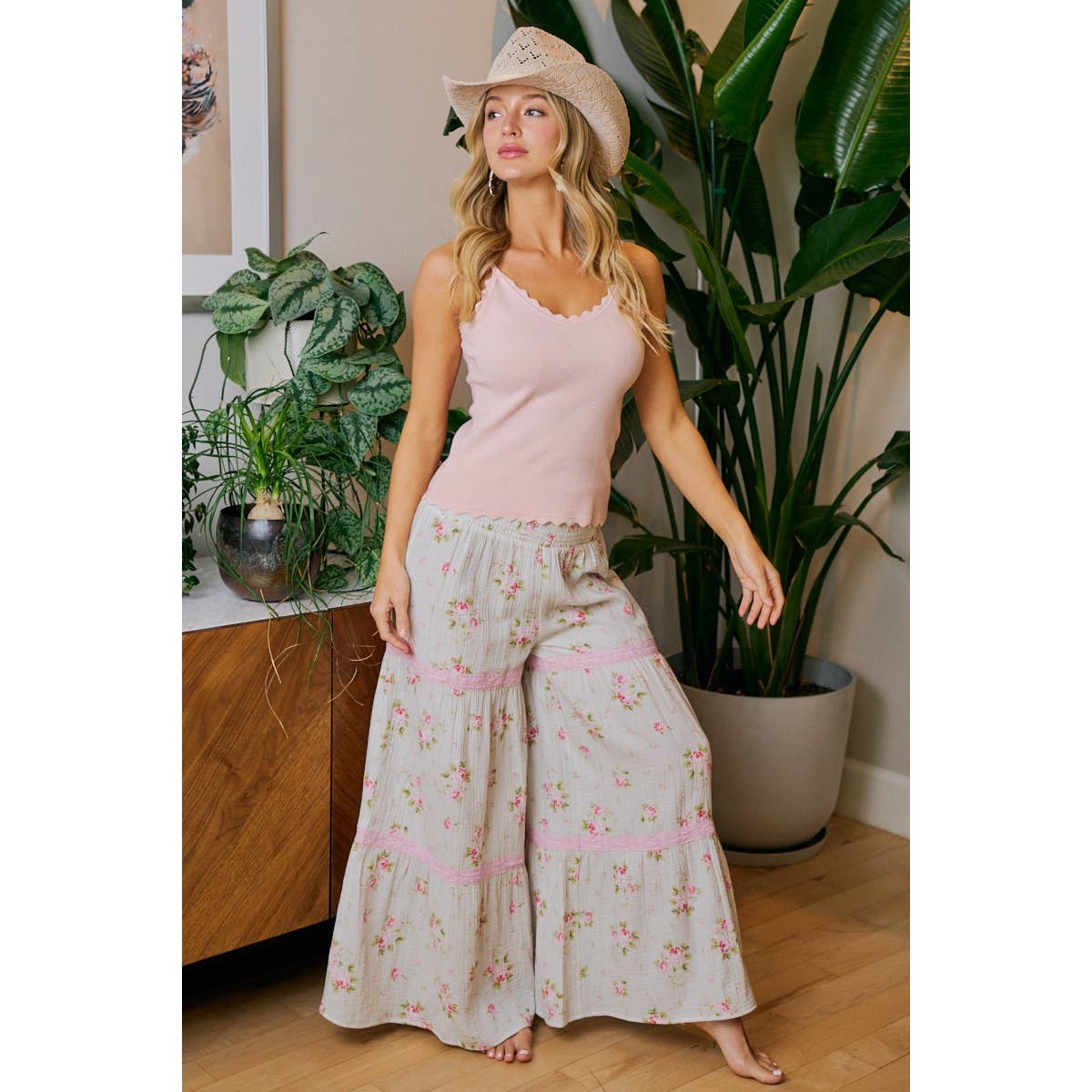 BIBI ROSE PRINTED GAUZE TRIM DETAIL SMOCKED MAXI PANTS
