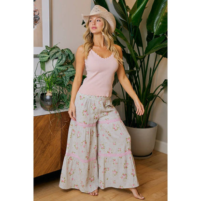 BIBI ROSE PRINTED GAUZE TRIM DETAIL SMOCKED MAXI PANTS