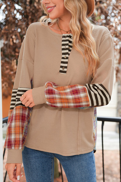 Beige Waffle Stripe Plaid Patchwork Henley Top