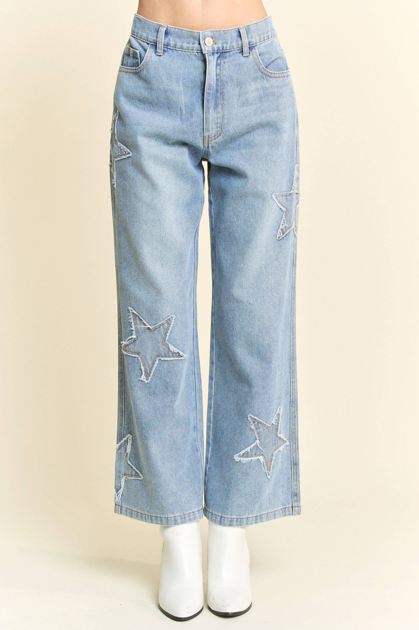 STAR PATCHWORK SIDE POCKET WIDE LEG DENIM PANTS