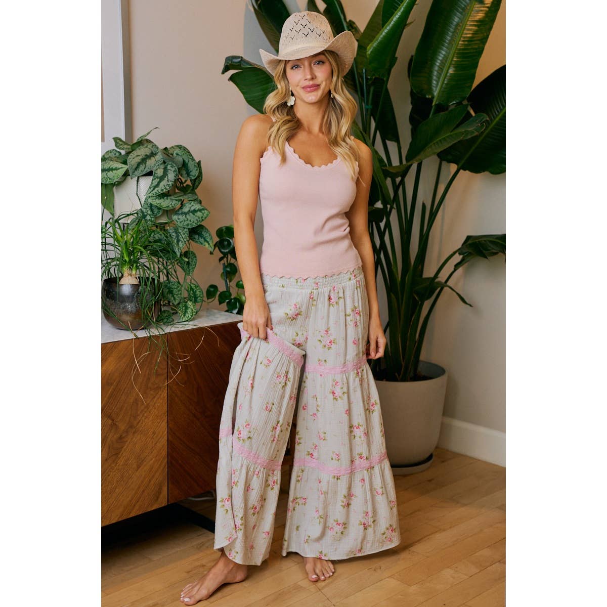 BIBI ROSE PRINTED GAUZE TRIM DETAIL SMOCKED MAXI PANTS