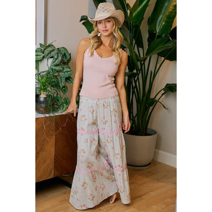 BIBI ROSE PRINTED GAUZE TRIM DETAIL SMOCKED MAXI PANTS