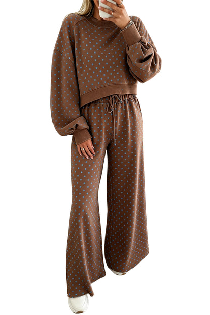 Brown Polka Dot Drawstring Wide Leg Long Sleeve Top Pant Set