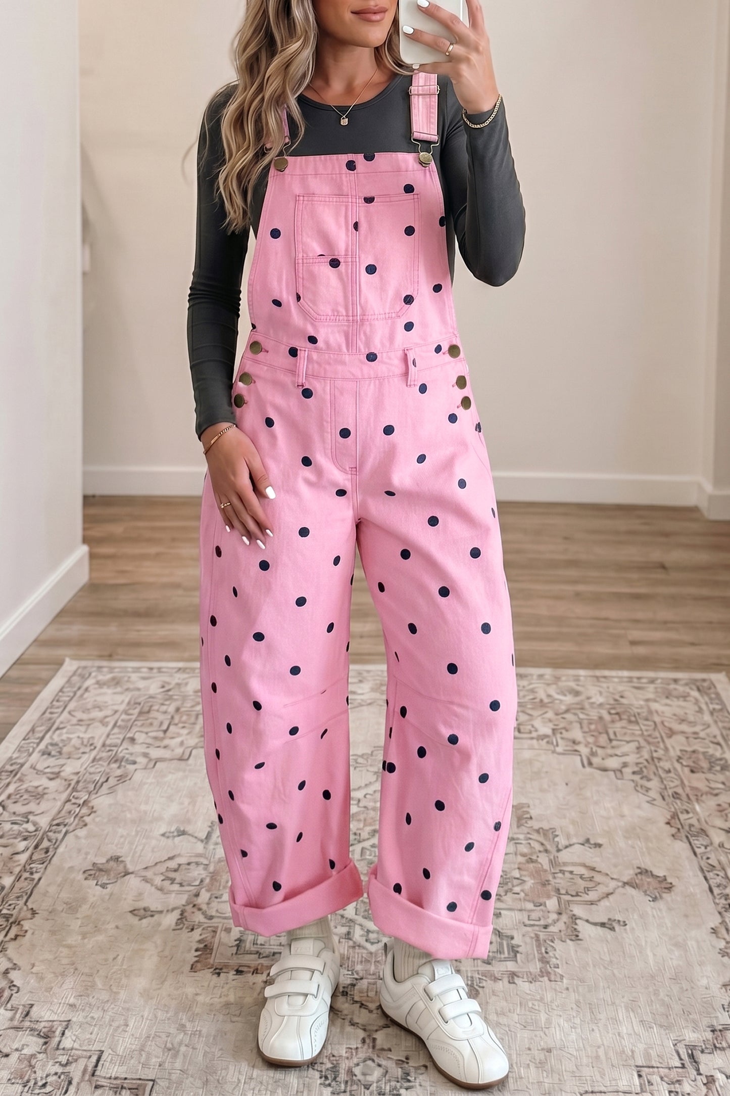 Phalaenopsis Polka Dot Print Bib Pocket Denim Barrel Overalls Jumpsuit