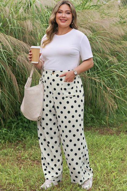 White Plus Size Polka Dot Print Patch Pocket Womens Shift Pants