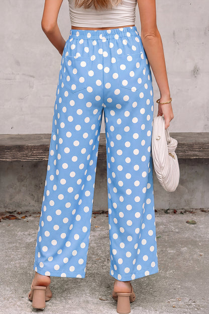 White Polka Dot Print Patched Pocket Mid-rise Straight Leg Pants