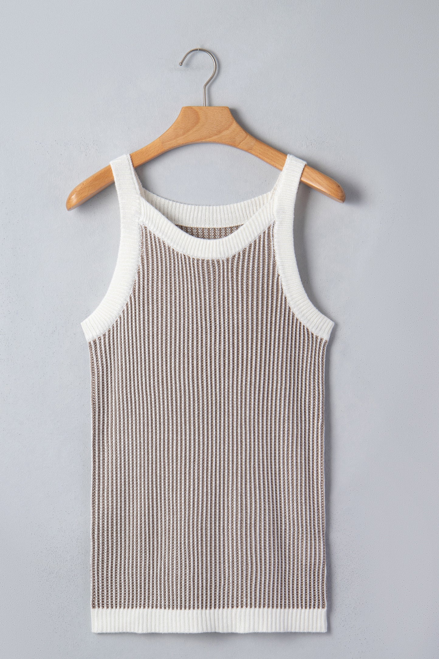 Pale Khaki Contrast Trim Ribbed Knit Sweater Tank Top