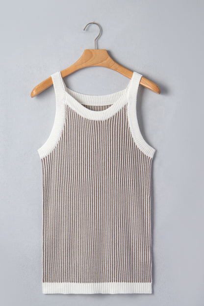 Pale Khaki Contrast Trim Ribbed Knit Sweater Tank Top
