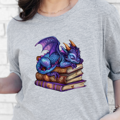 Wholesale Dragon Sleeping on Books Graphic Tee - Purple Dragon on Grey