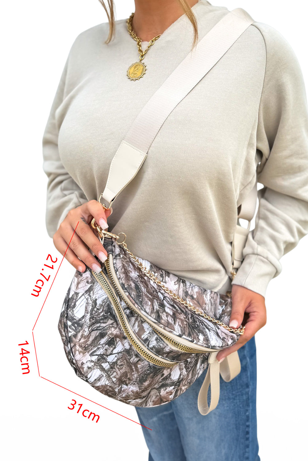 Medium Grey Abstract/ Camouflage/ Polka Dot/ Leopard Print Double Zip Fashion Crossbody Bag
