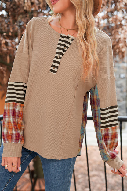 Beige Waffle Stripe Plaid Patchwork Henley Top