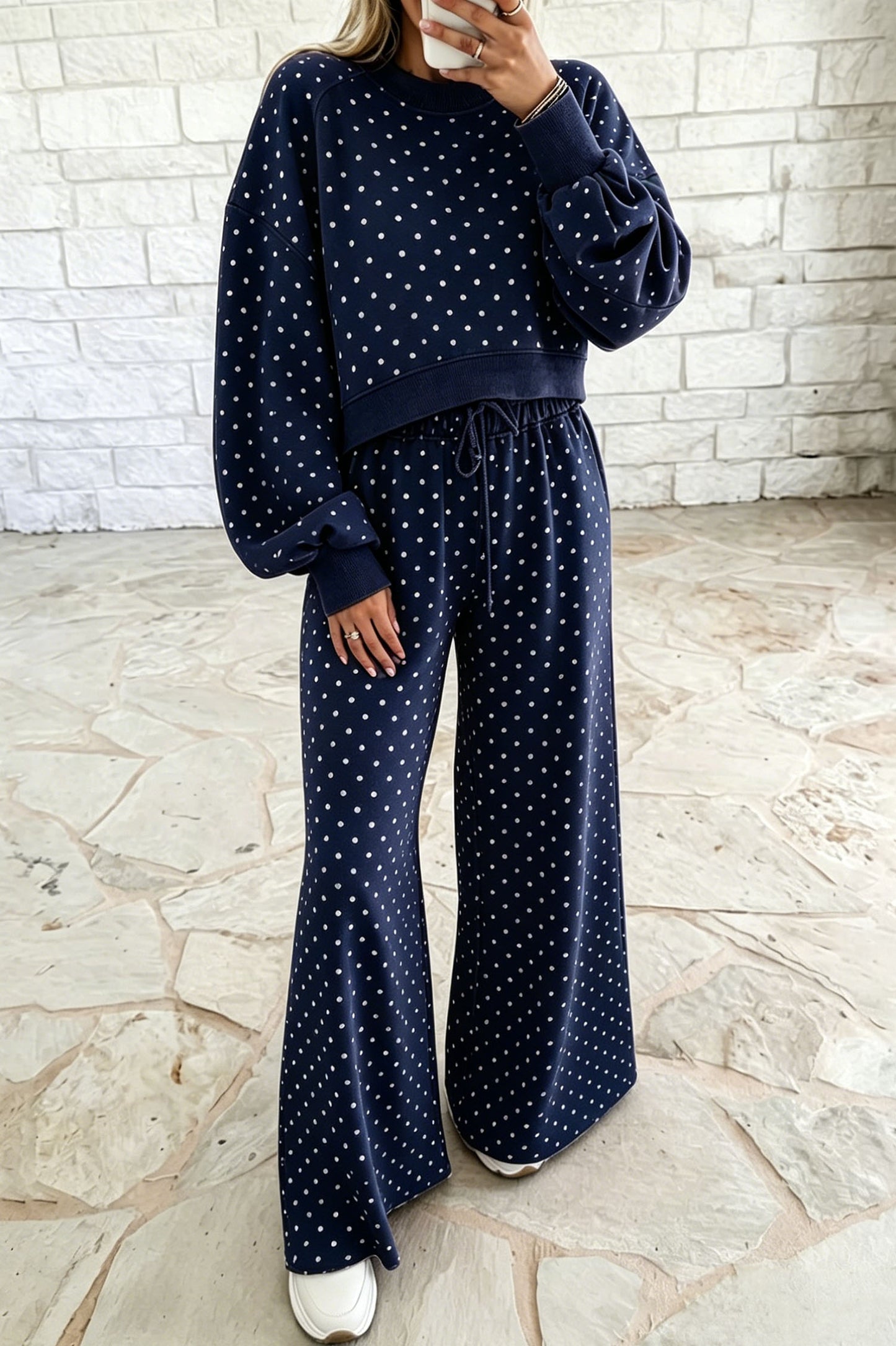 Brown Polka Dot Drawstring Wide Leg Long Sleeve Top Pant Set