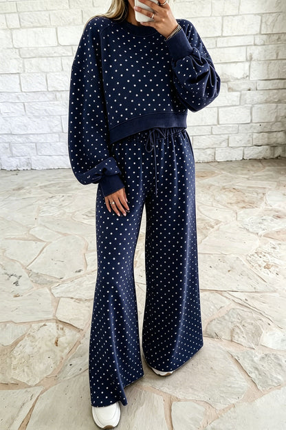 Brown Polka Dot Drawstring Wide Leg Long Sleeve Top Pant Set