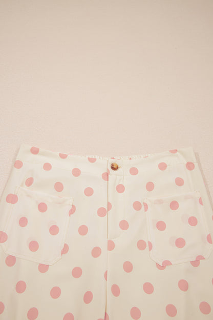 White Polka Dot Print Patched Pocket Mid-rise Straight Leg Pants