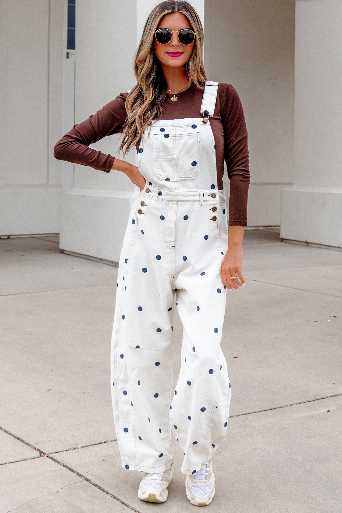 Phalaenopsis Polka Dot Print Bib Pocket Denim Barrel Overalls Jumpsuit