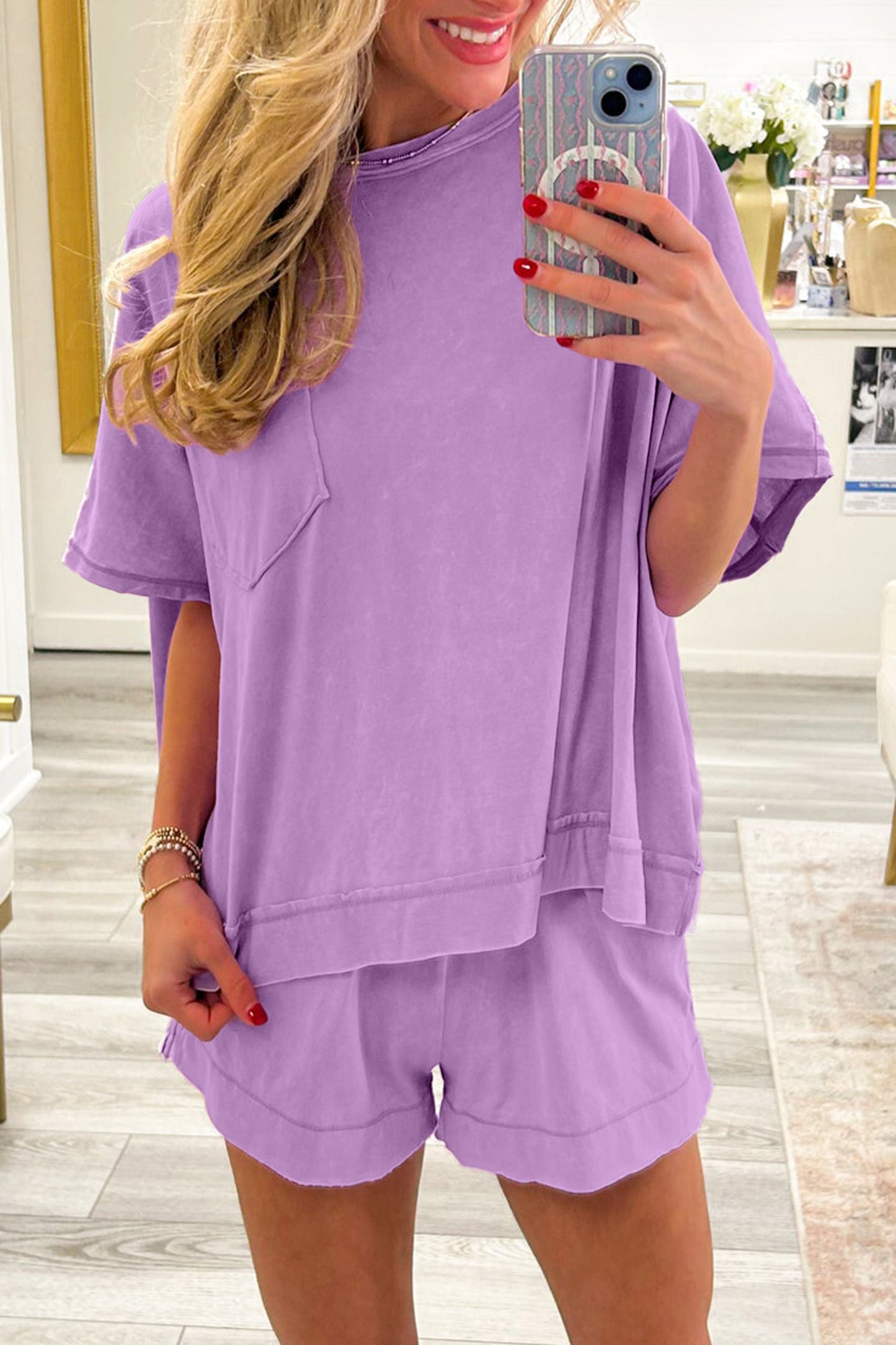 Orchid Bouquet Raw Edge Patch Pocket Oversized Top and Shorts Set