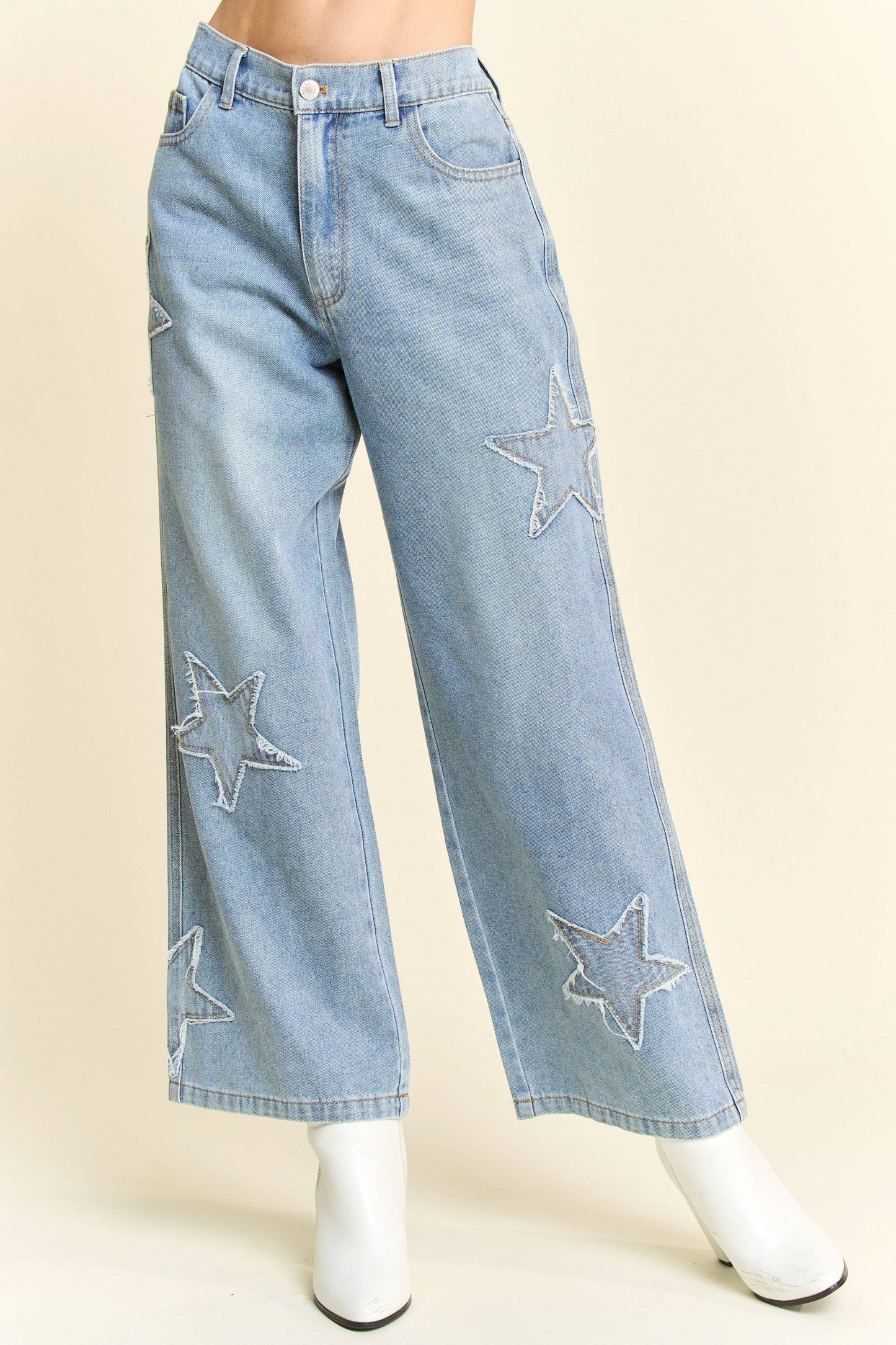 STAR PATCHWORK SIDE POCKET WIDE LEG DENIM PANTS