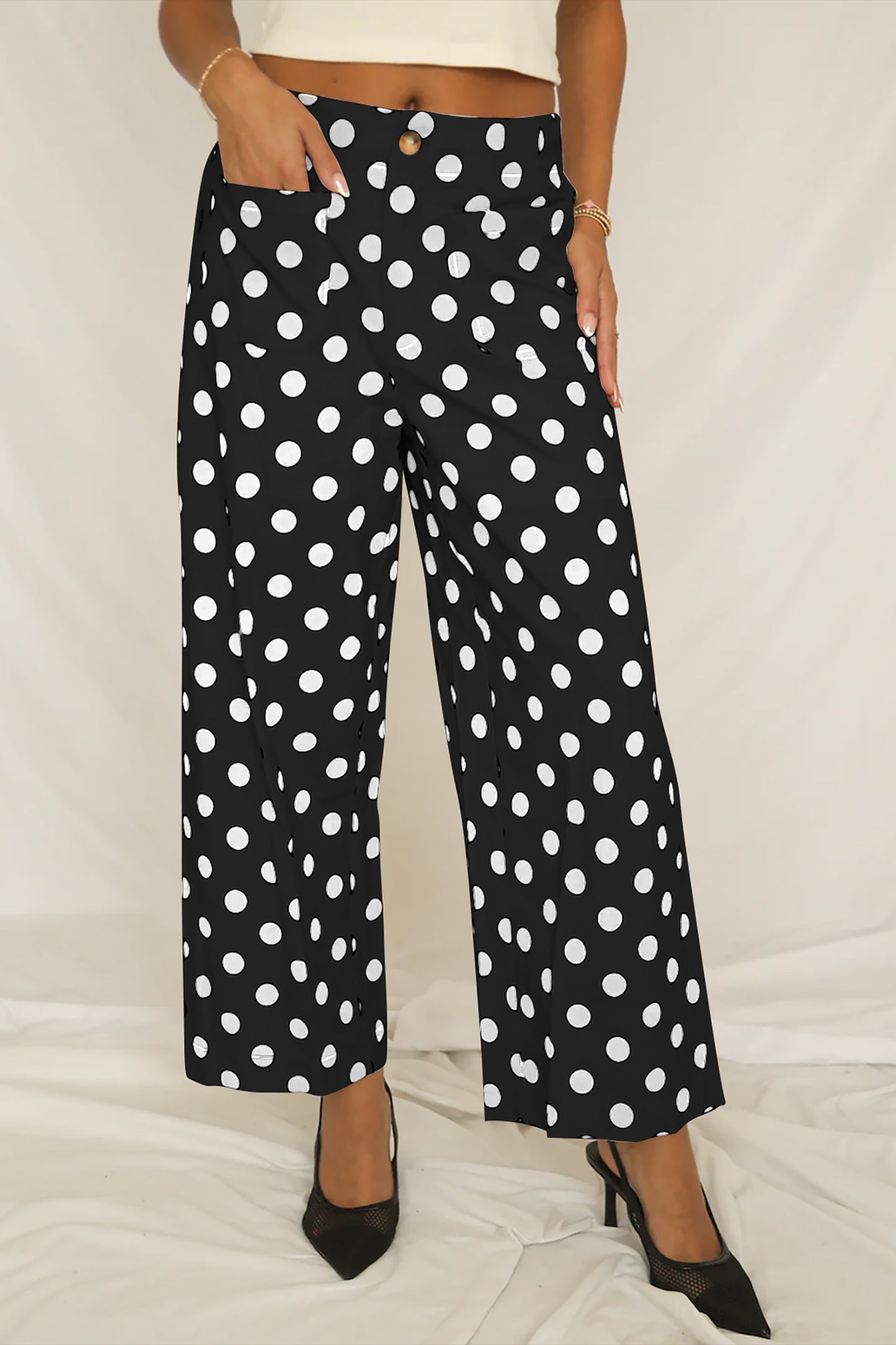 White Polka Dot Print Patched Pocket Mid-rise Straight Leg Pants