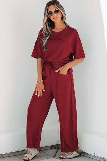 Rose Red Drop Shoulder Boxy Tee and Barrel Pants Set