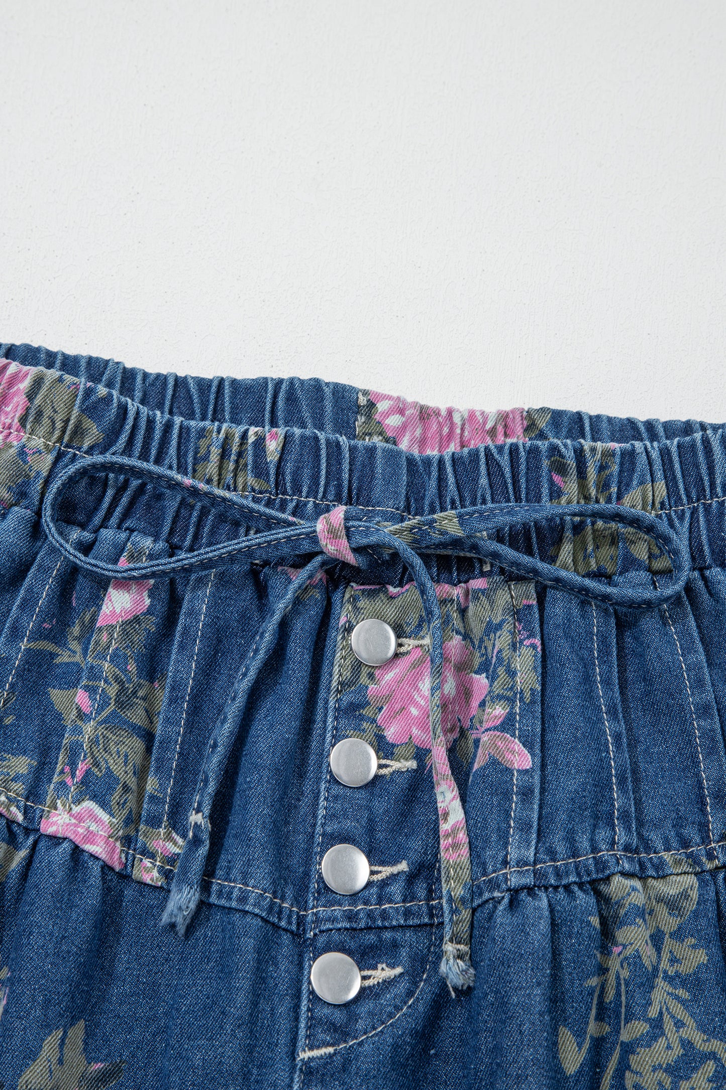 Blue Retro Floral Print Tie Elastic Waist Button Pintuck Wide Leg Jeans