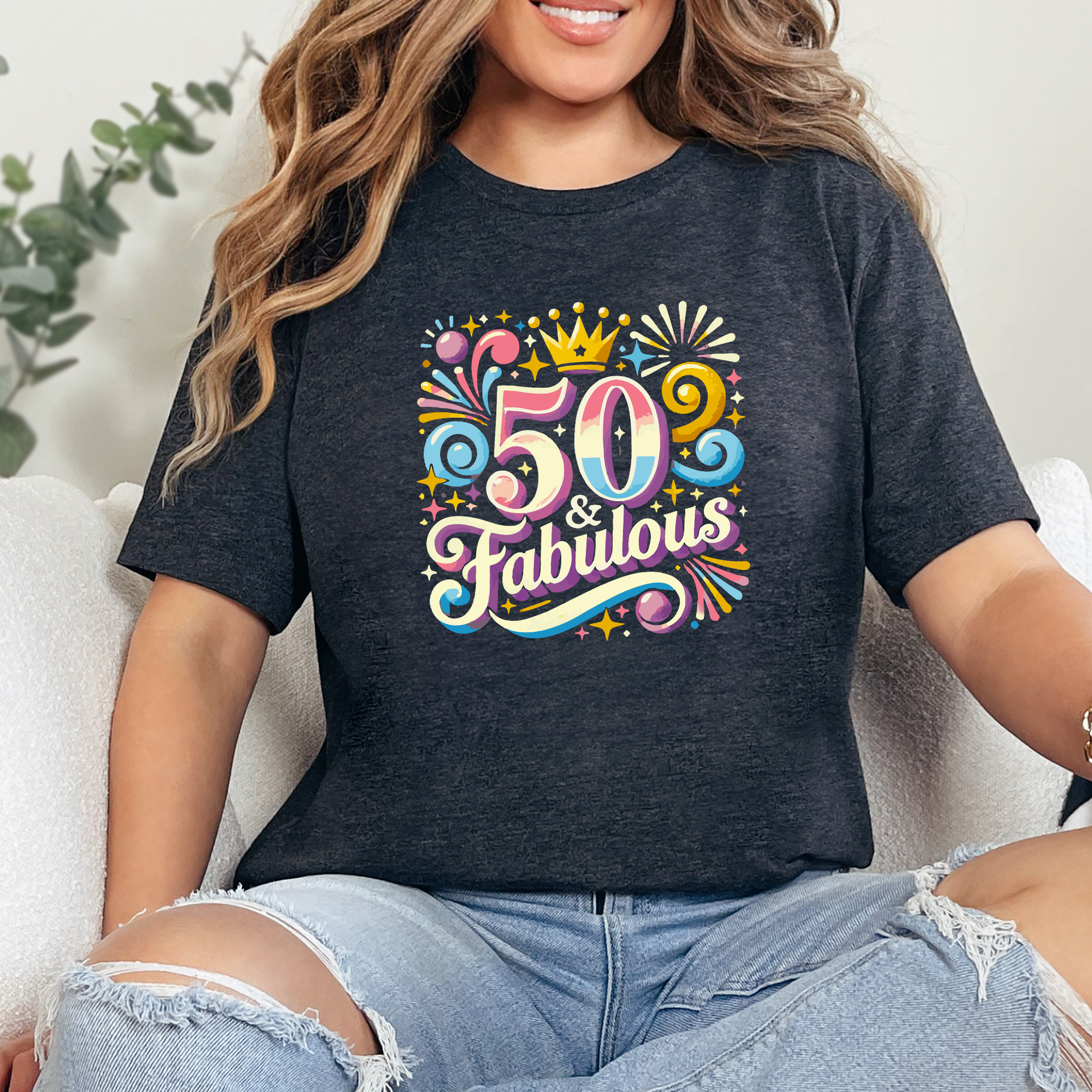 Wholesale Turning 50 Graphic Tee - 50 & Fabulous - Dark Grey Heather