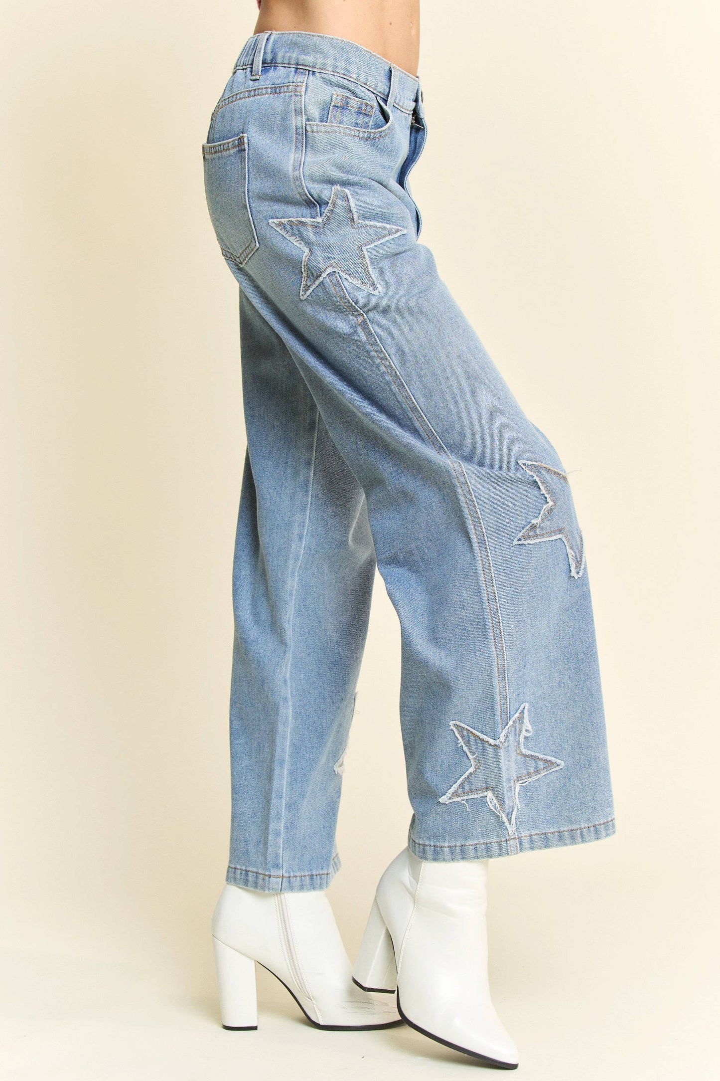 STAR PATCHWORK SIDE POCKET WIDE LEG DENIM PANTS