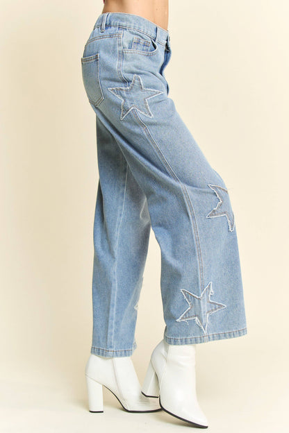 STAR PATCHWORK SIDE POCKET WIDE LEG DENIM PANTS