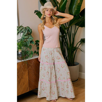 BIBI ROSE PRINTED GAUZE TRIM DETAIL SMOCKED MAXI PANTS