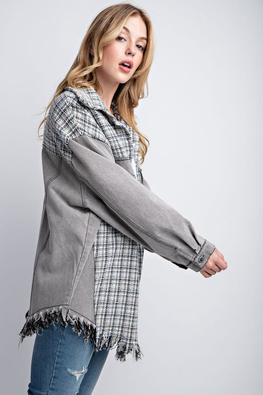 TWEED MIXED DENIM JACKET SHACKET WITH FRINGED HEM