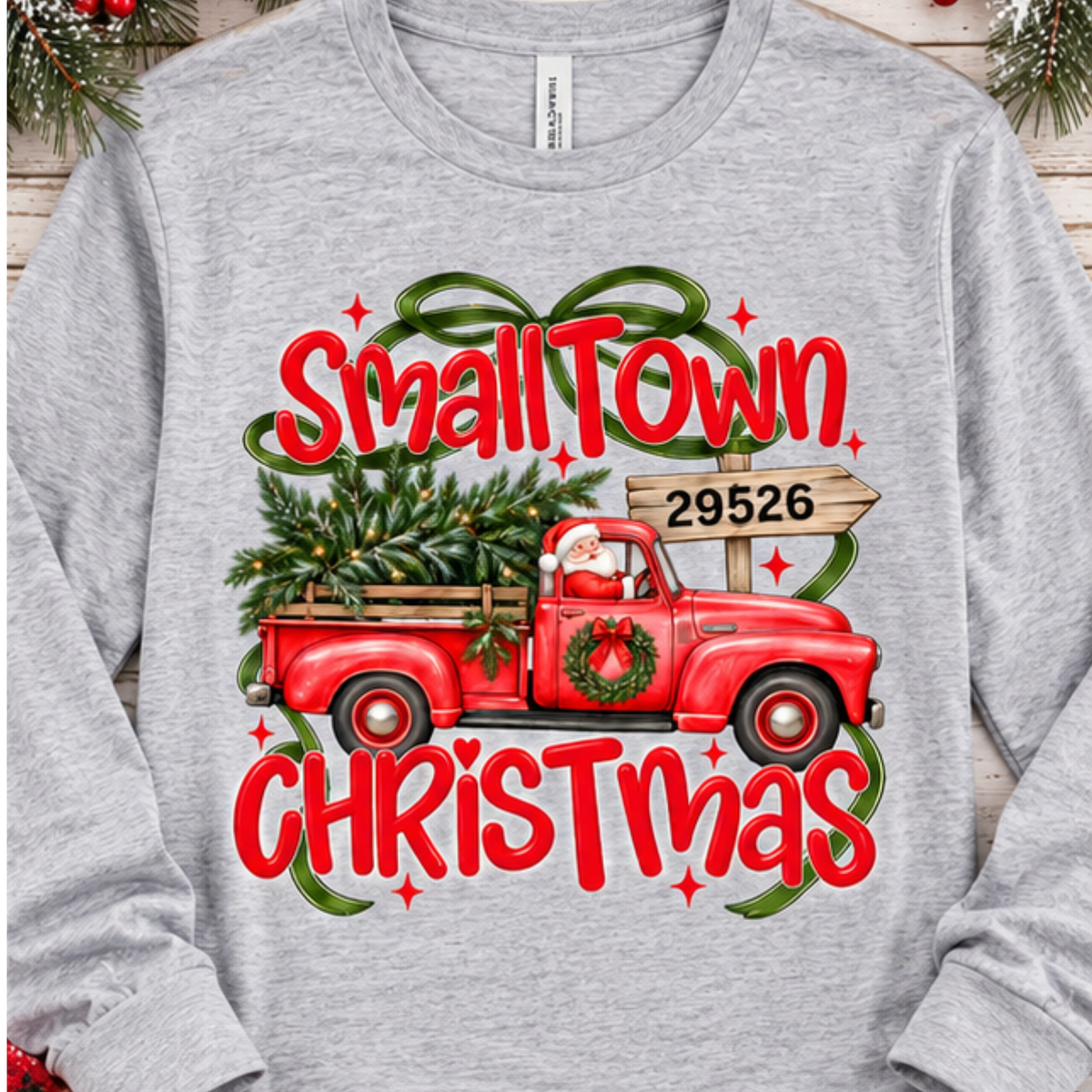 Wholesale Custom Small-Town Christmas Truck with Santa Graphic LONG sleeve tee. - Grey