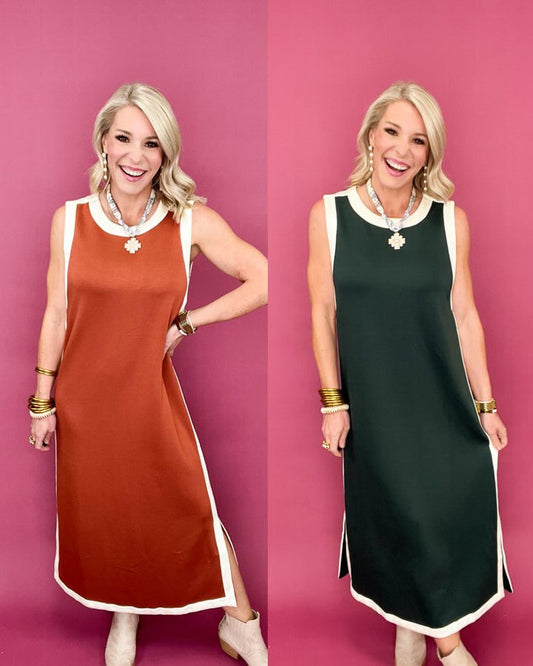 Forest Green Midi Dress with Contrast Trim