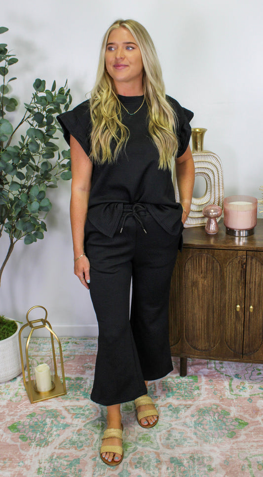 Black Textured Pants Set