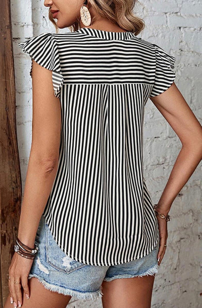 RUFFLED SLEEVE V NECK STRIPE T SHIRT