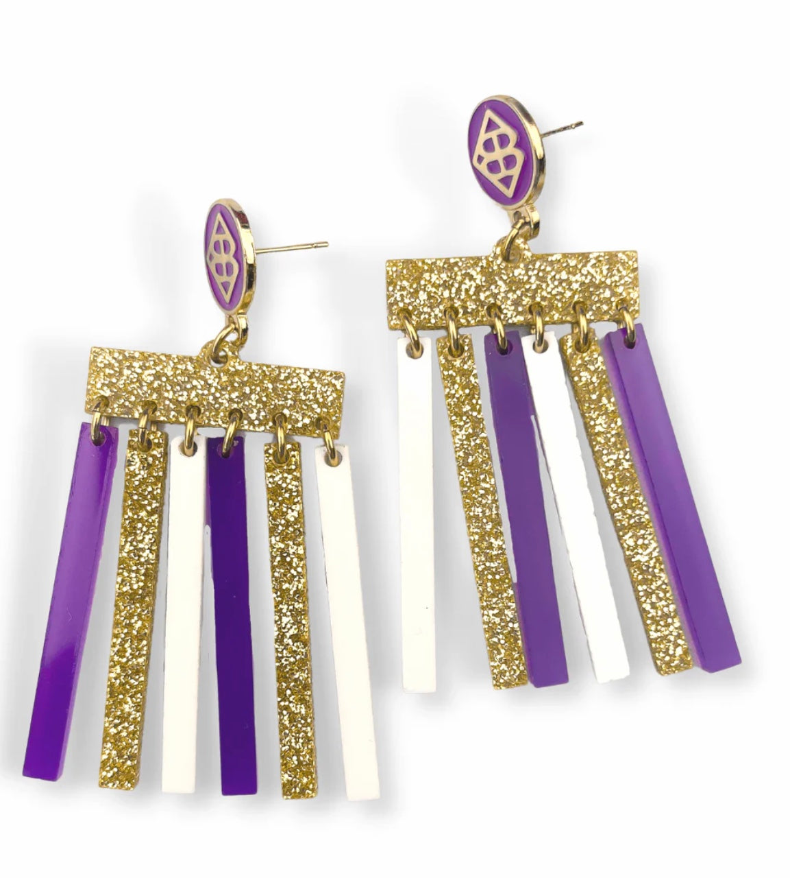 PURPLE, GOLD, AND WHITE MOD DANGLE EARRINGS