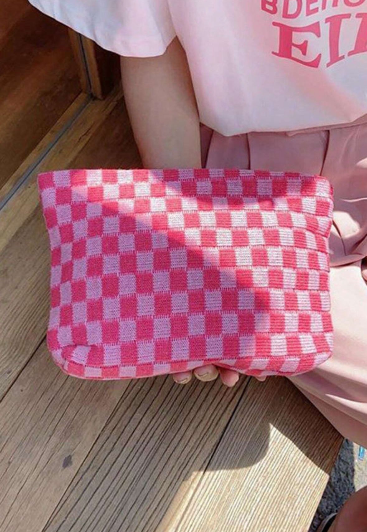 Pink Checkered Cosmetic Bag