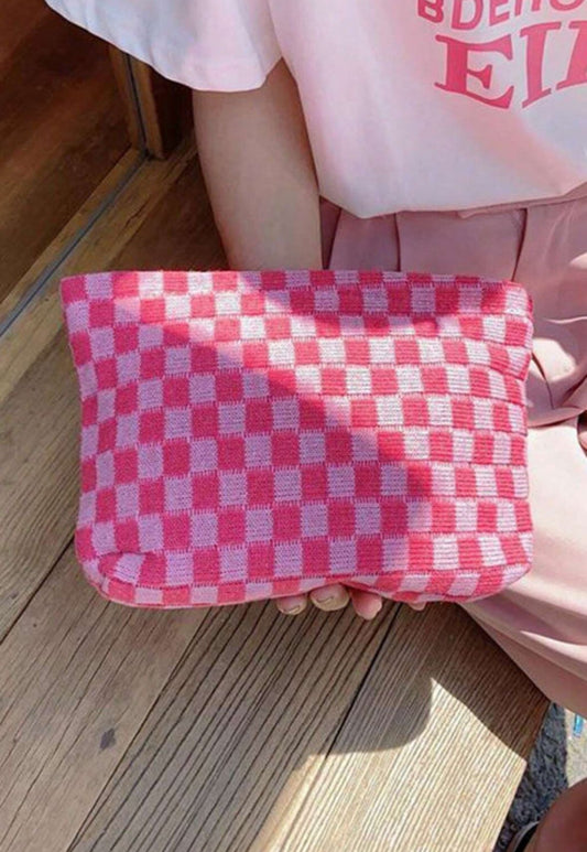 Pink Checkered Cosmetic Bag