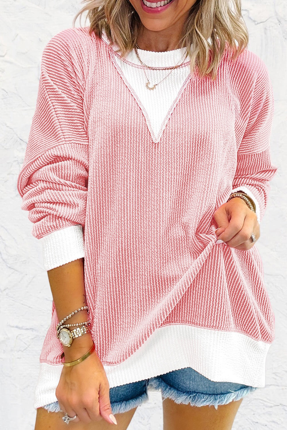 Pink Corded Colorblock Tee