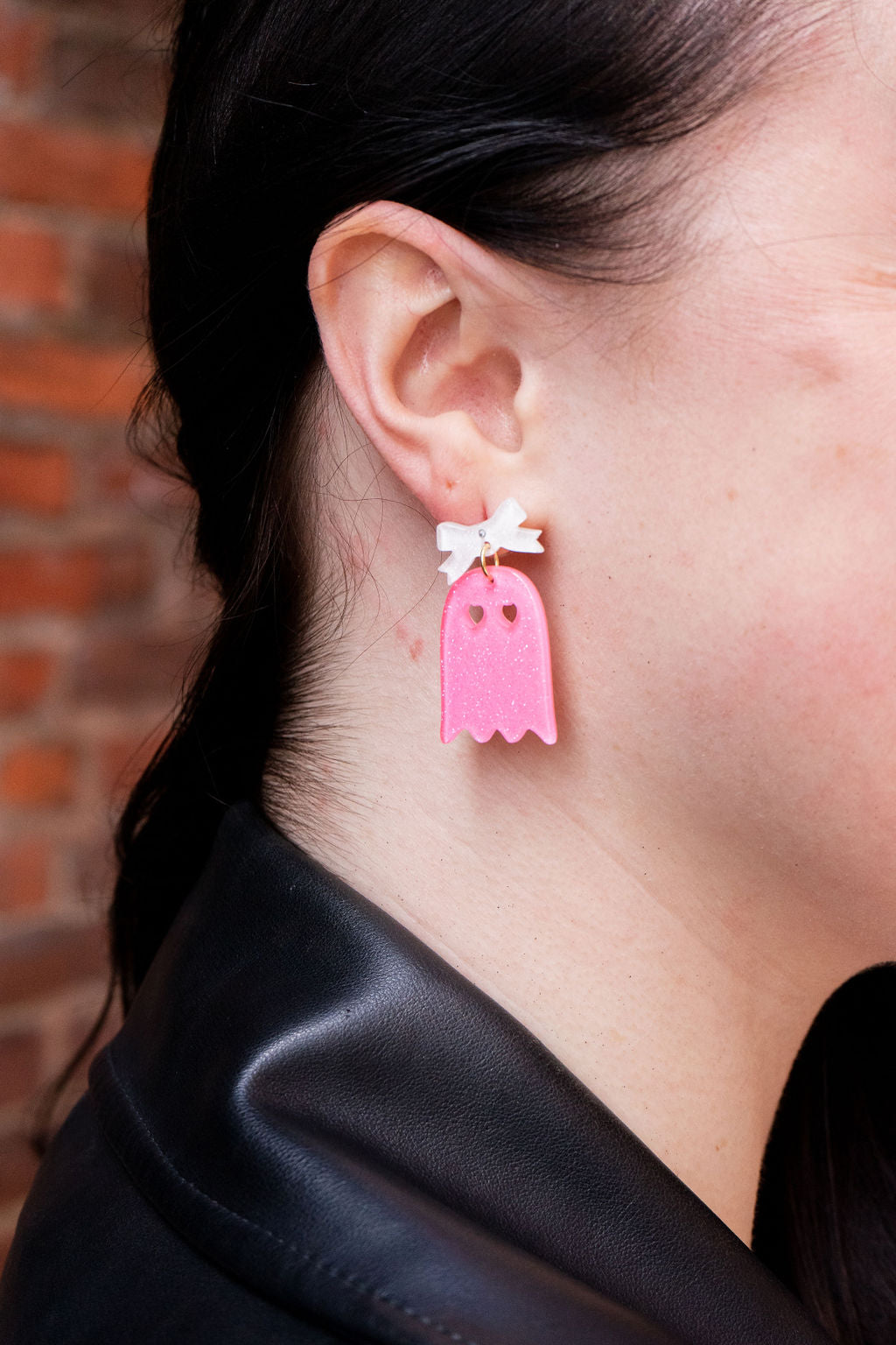 Bow Ghost Earrings - Pink Glitter