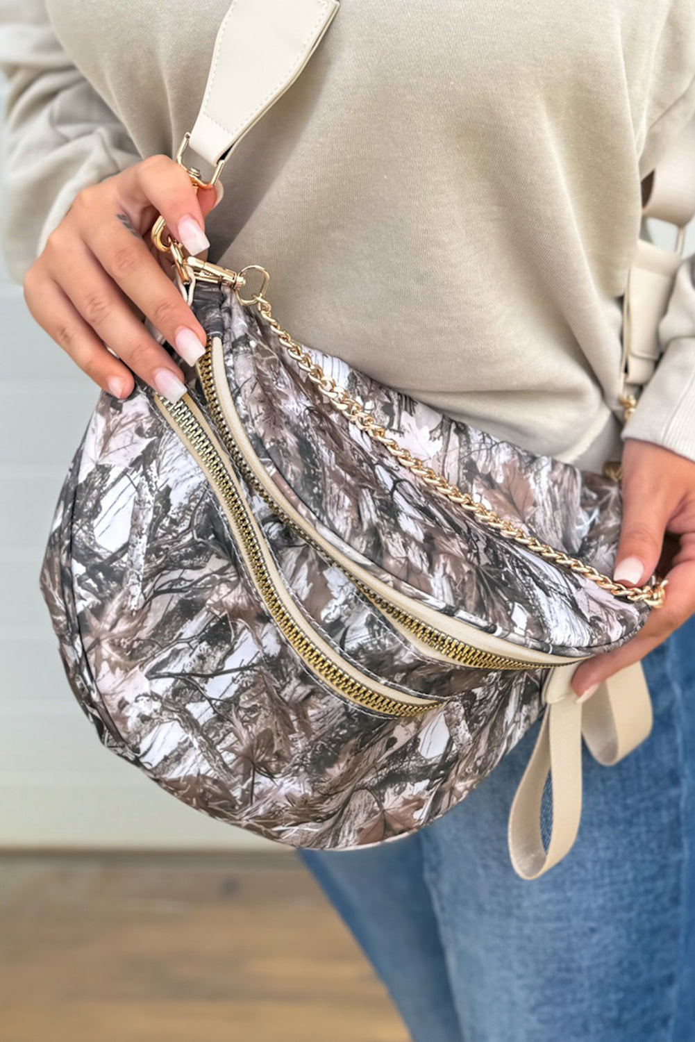 Medium Grey Abstract/ Camouflage/ Polka Dot/ Leopard Print Double Zip Fashion Crossbody Bag