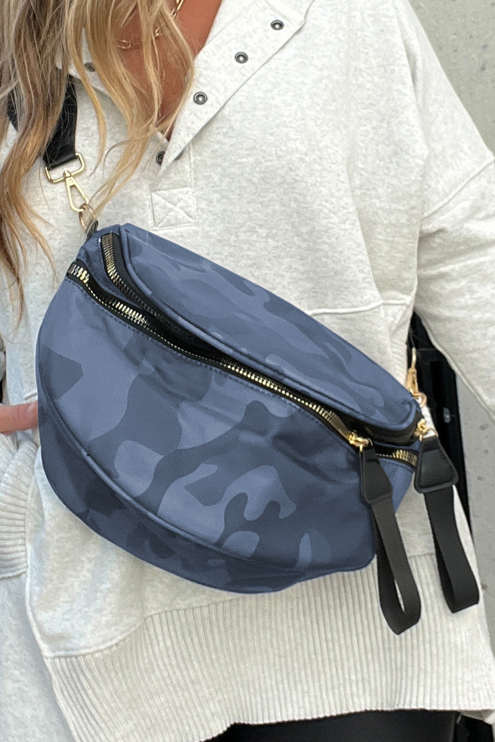 Medium Grey Abstract/ Camouflage/ Polka Dot/ Leopard Print Double Zip Fashion Crossbody Bag
